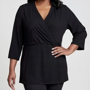 Lane Bryant Black Pinstripe V-Neck 3/4 Sleeve Faux Wrap Blouse Plus Size 18/20